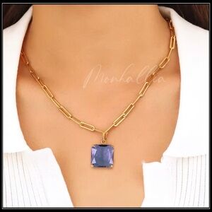 NEW AMETHYST QUARTZ GOLD STAINLESS STEEL PAPERCLIP SQUARE PENDANT NECKLACE